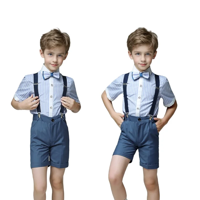 

Boys Summer Blue Wedding Suit Kids Shirt Suspender Shorts Bowtie 4PCS Formal Suit Child Photography Costume Teenager Uniform