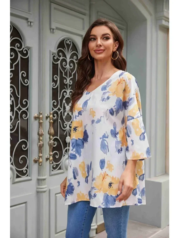 Damska letnia bluzka Plus Size 1XL-8XL z dekoltem w szpic i półrękawkiem z nadrukiem w kwiaty Elegancka damska koszula z krótkim rękawem z nadrukiem