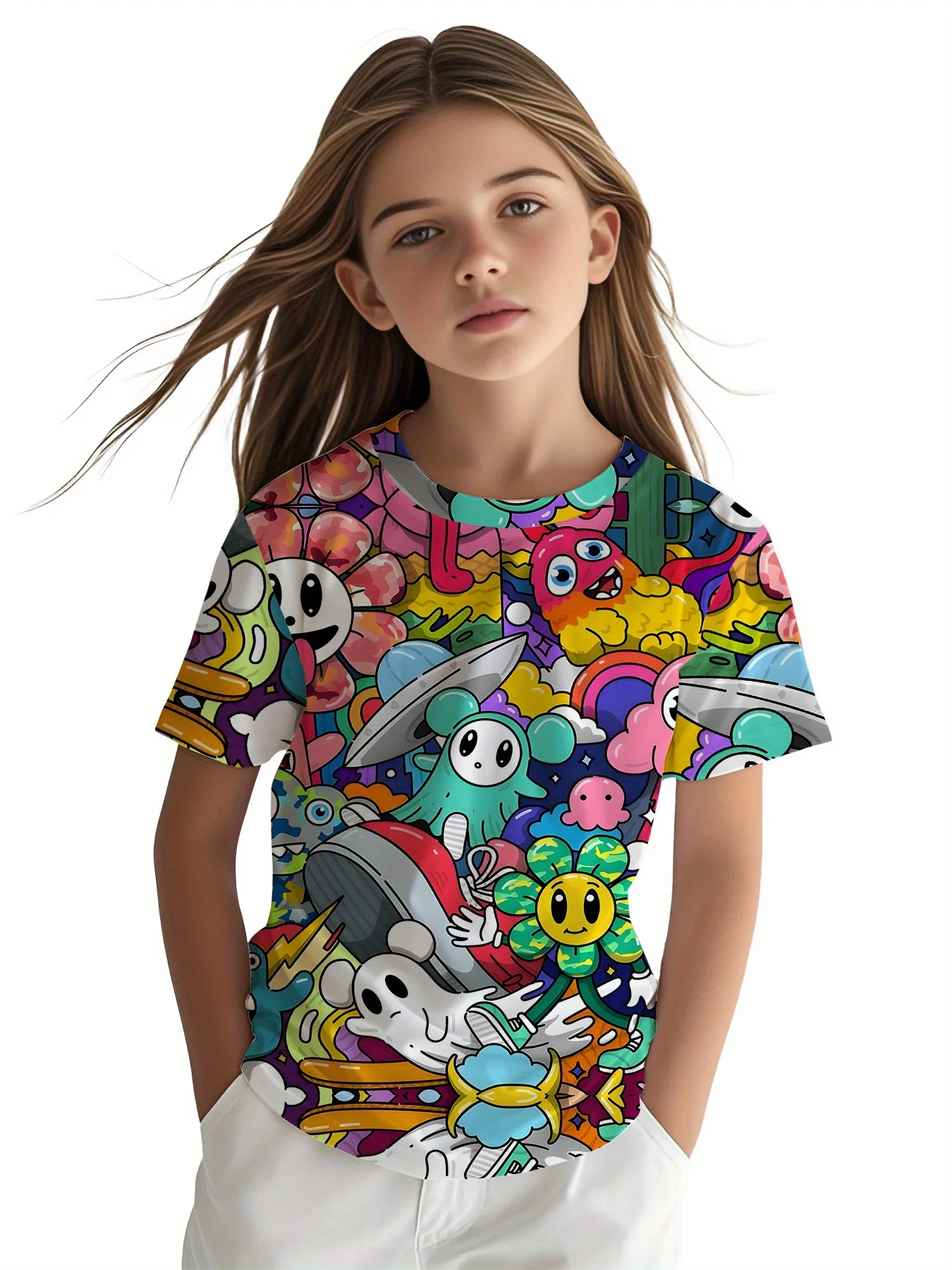 Kids Crew Neck T-Shirt, All Over Bright Doodle Cartoon Print, Fun Monster Alien Girls Fashion Short Sleeve Tee