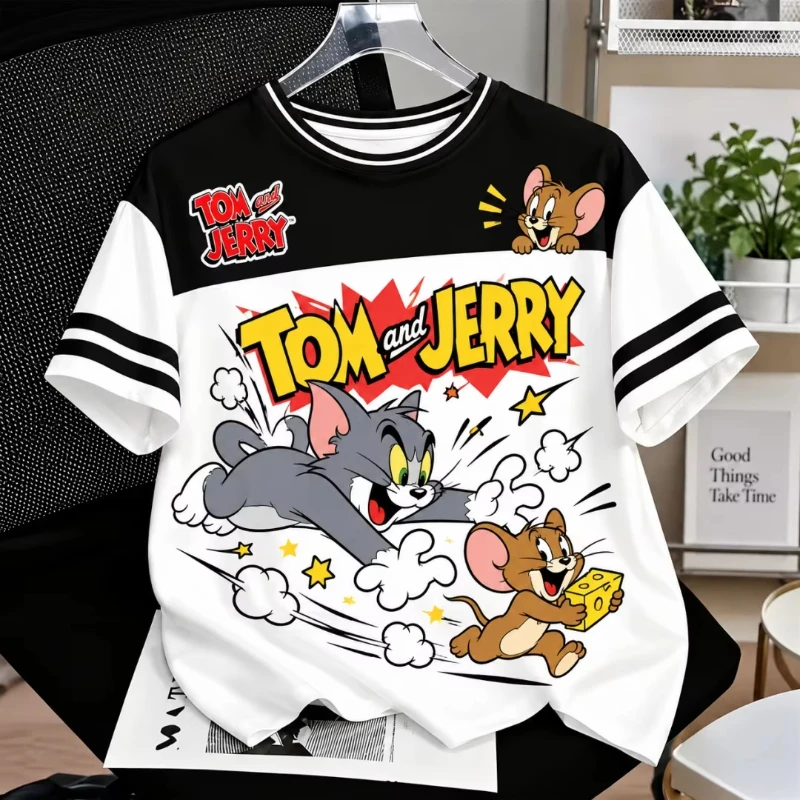 Tom & Jerry Graphic T Shirt Men Women Vintage Cartoon Print Stripe Sleeve Colorblock Short Sleeve Daily Tees Kids Tshirt