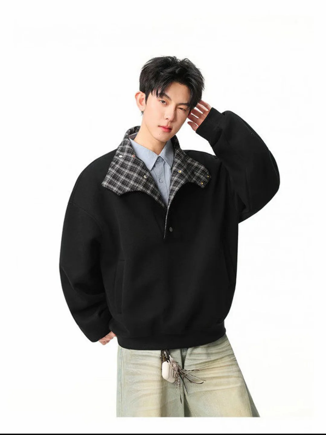

Premium Plaid Splicing Stand Collar Sweatirt Men's Casual Faion Spring All-Match Couple's Lightweight Outerwear