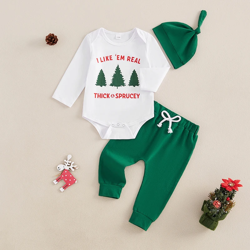 Tenue de Noël pour bébé, barboteuse à manches longues, pantalon et chapeau assortis, imprimé arbre, ensemble de vacances pour bébé garçon