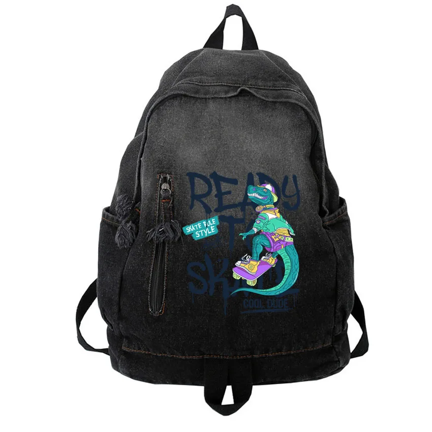 

College Girls Stylish Challenges Skateboard Pattern Printed Denim Backpack Women Men Backpack Ladies Washed Denim Rucksack