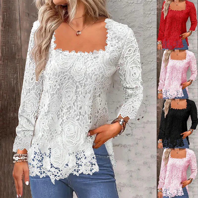 Square Neck Lace Women Solid Long Sleeve Blouse Women Long Sleeve Hollow Out  Floral White Office Lady Pullover Shirt Tops Tees