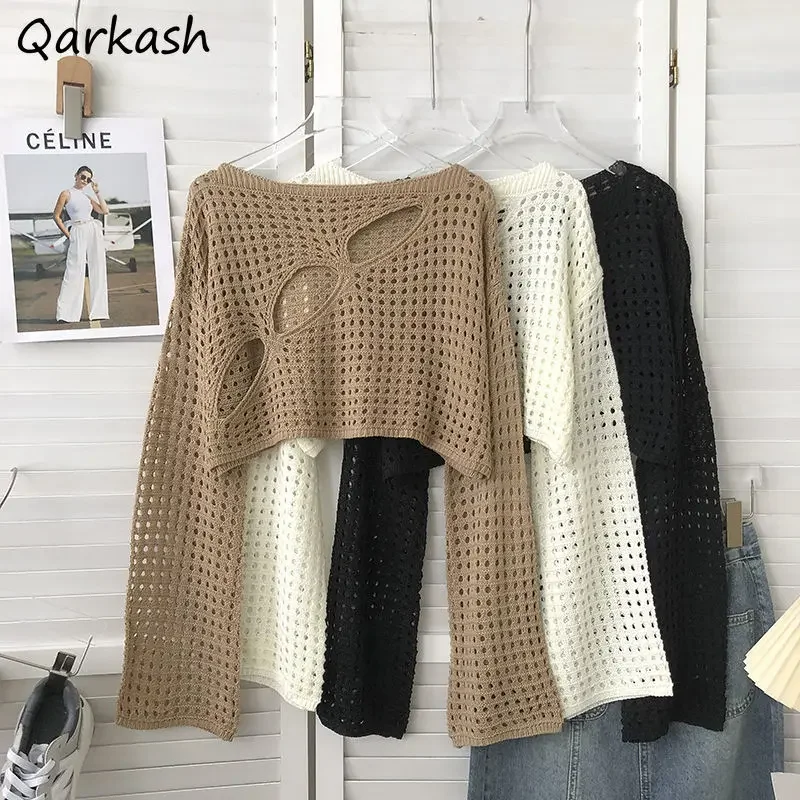 

Crop Pullovers Women Hollow Out Irregular Designed Breathable Leisure Summer Long-sleeve Sunscreen Ulzzang Knitted O-neck Simple