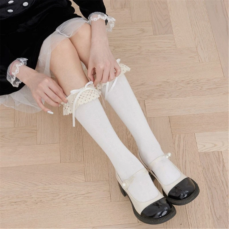 1 Pair Ruffle Calf Socks Calf Tube Frilly Socks Ballet Socks Bows Lace Top Sock Drop Shipping