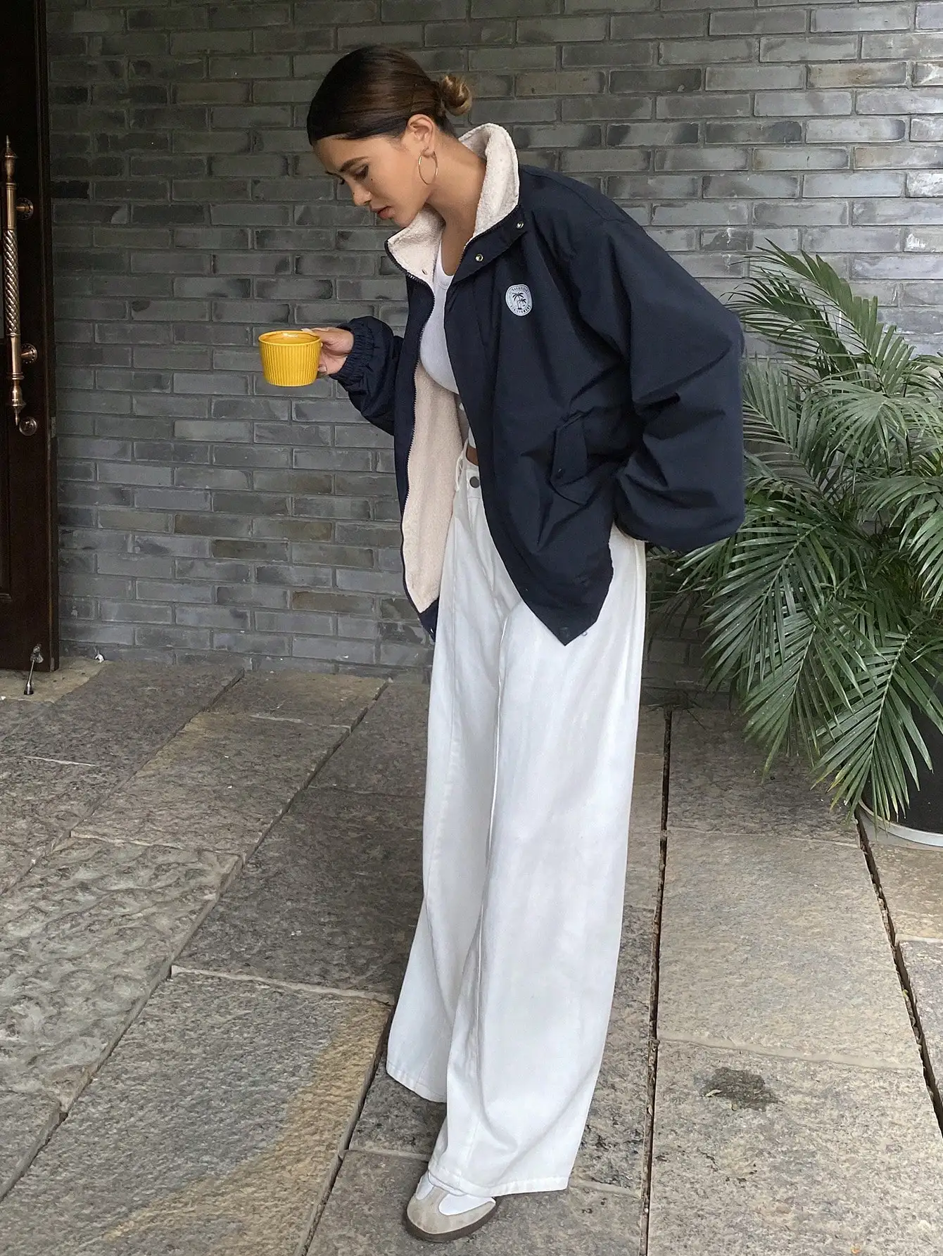 เสื้อแจ็คเก็ตซิปคอสูงแขนยาวทรงหลวมลาย DAZY สำหรับผู้หญิง