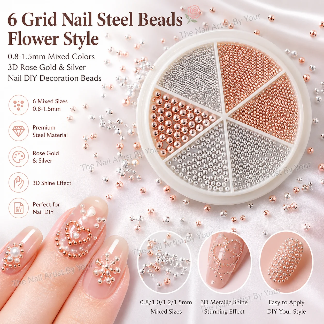 6 Grades de Miçangas de Aço Pequenas para Nail Art, 0.8-1.5mm, Tamanhos Mistos, Design 3D, Ouro Rosê e Prata, para Decoração DIY de Joias e Manicure