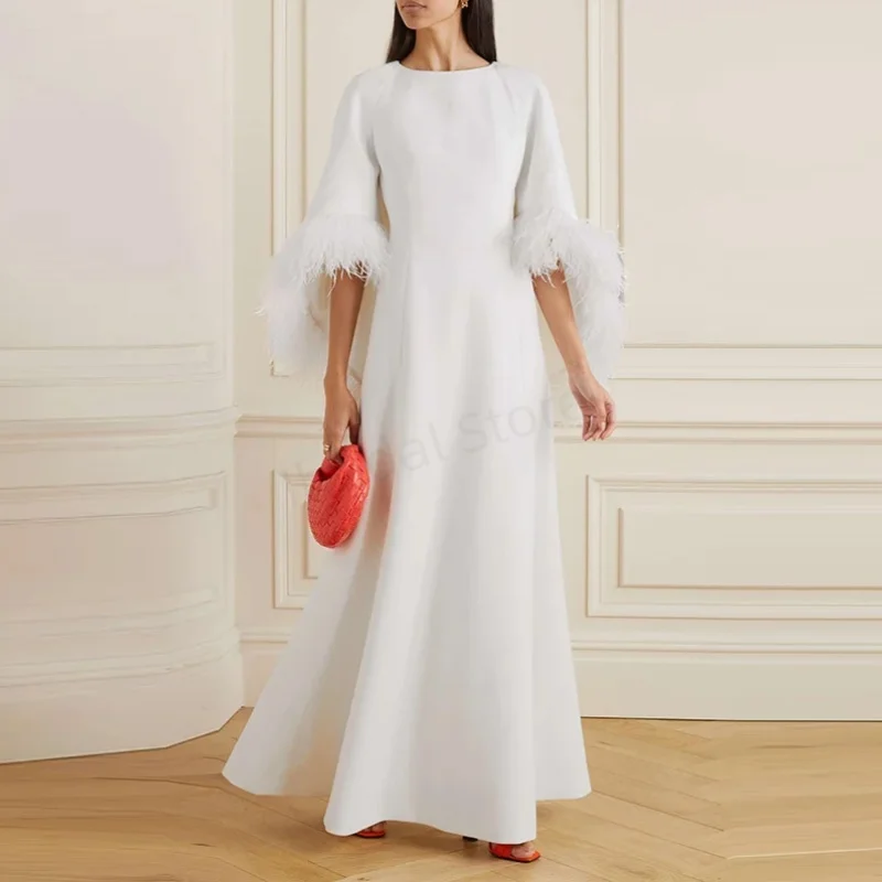 Maßgeschneiderte Vintage-Abendkleider, arabische Abschlussball-Party-Kleider, Federn, 3/4-Ärmel, Hochzeitsgast-Kleider mit Umhang im Angebot