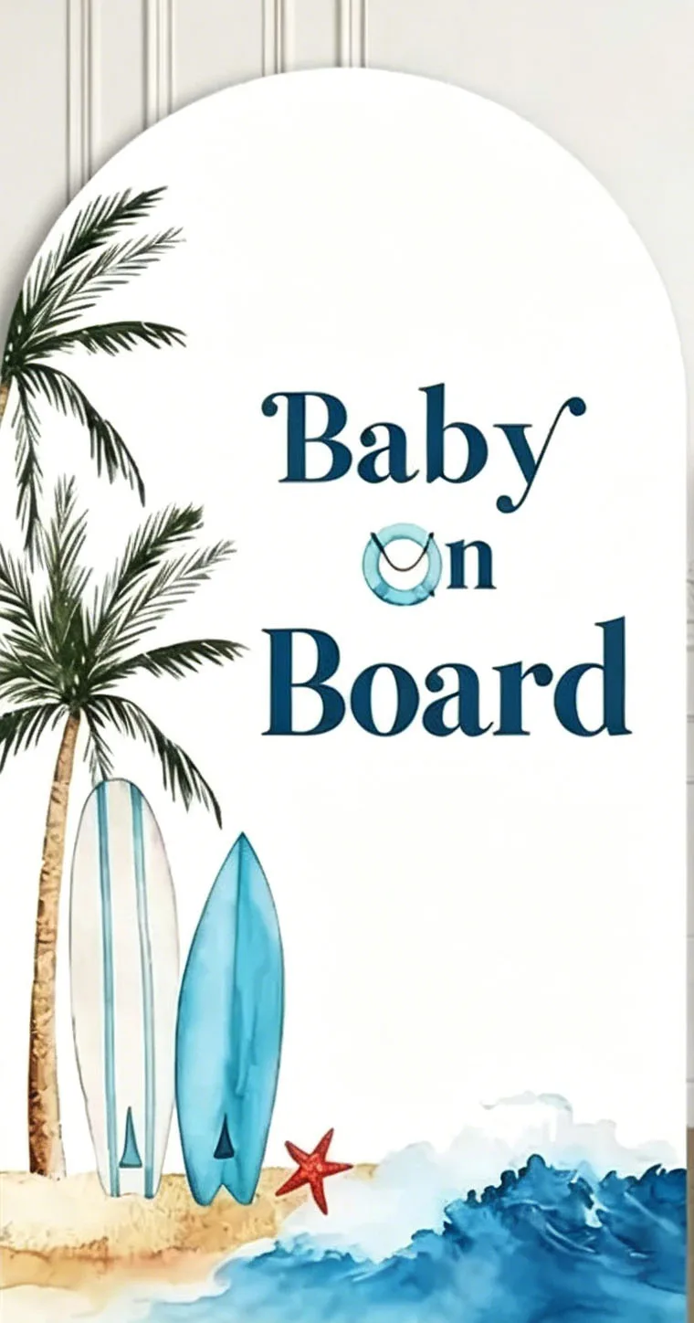 Custom 2-Side Baby on Board Baby Shower Backdrop Arch Cover Seagull Starfish Waves Boy Beach Party Birthday Party Decor Backdrop