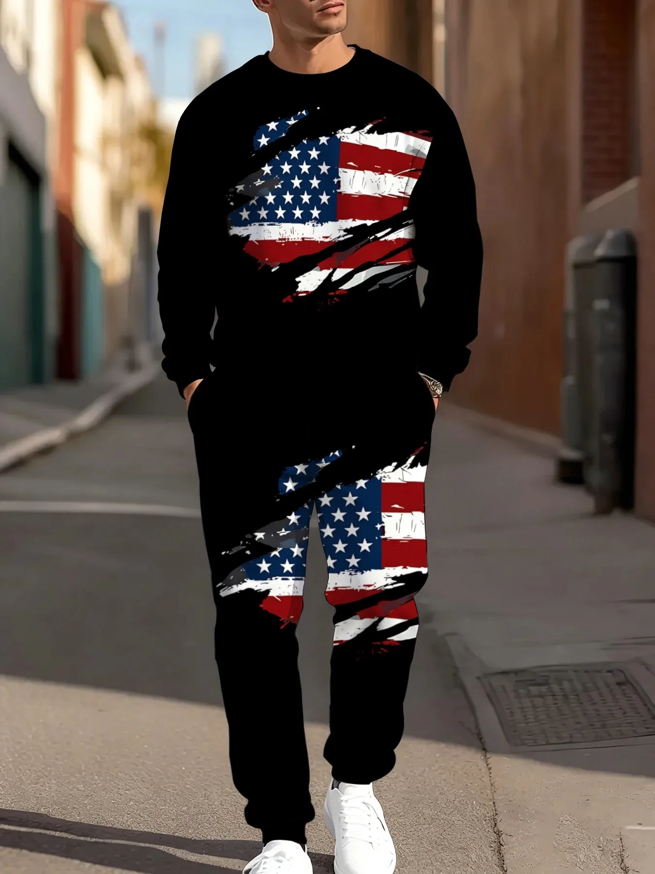 2026 autumn and winter new American street sports fashion casual 3D pattern printed men's round neck sweater set