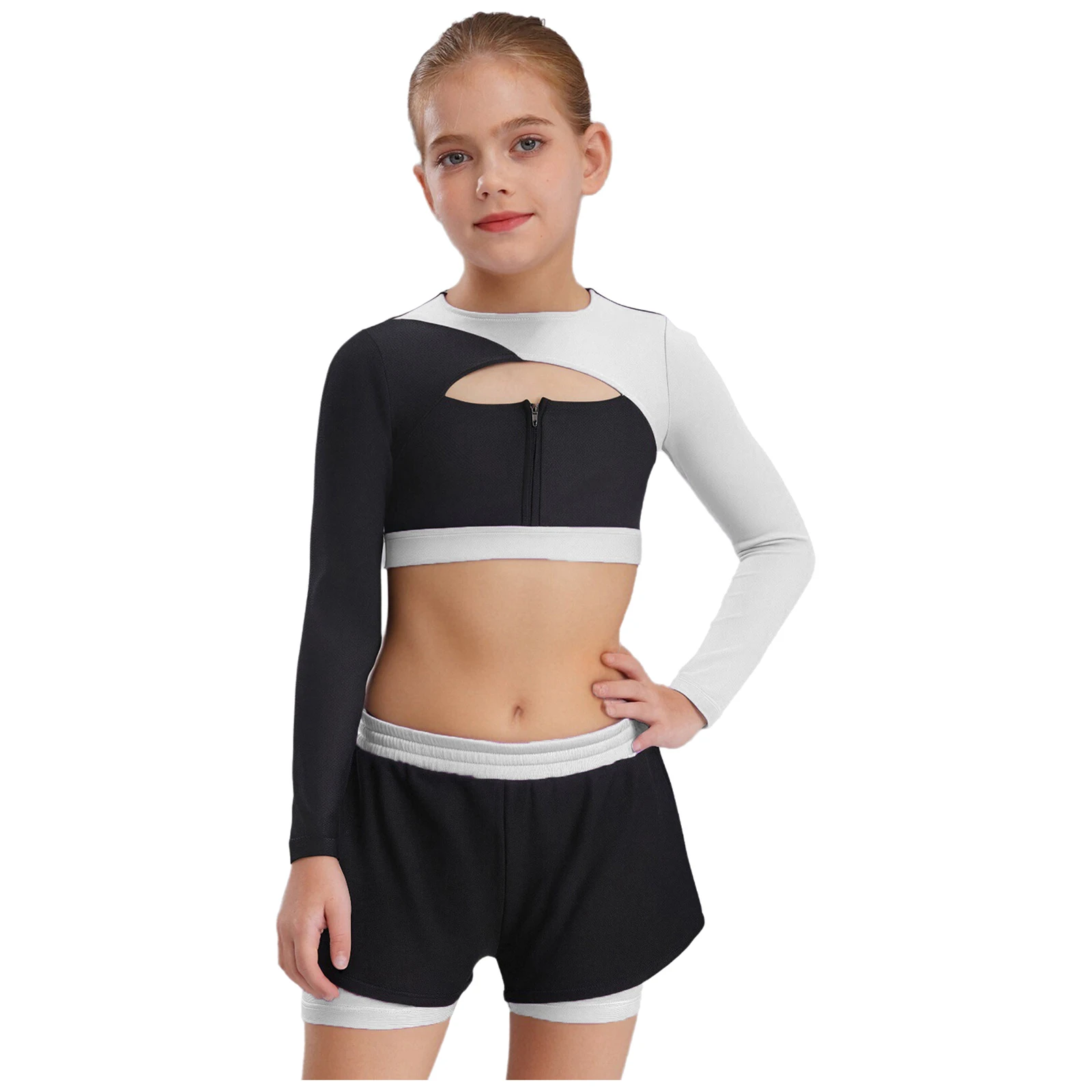 

School Girls Sports Dance Set Long Sleeve Cutout Back Crop Top with Double-Layer Contrasting Shorts Hip Hop Street Dance Costume