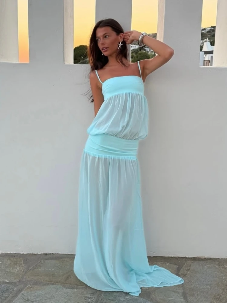 Sexy Spaghetti Strap Patchwork Hollow Out Long Dress Women Sleeveless See Through Sheer Slim Dresses Vacation Beach Partywear