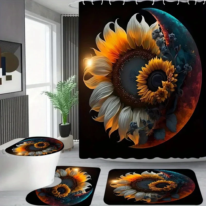 4pcs Space Moon Sunflower Shower Curtain Set with 12 Hooks - Vibrant Polyester Design, Black Background with Golden Sunflowe