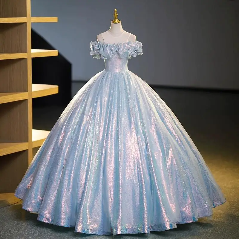 

Evening Gown 2025 Summer New Fashionable and Elegant Temperament Vocal Solo Fluffy Skirt Report Performance Gown Shoulder Length