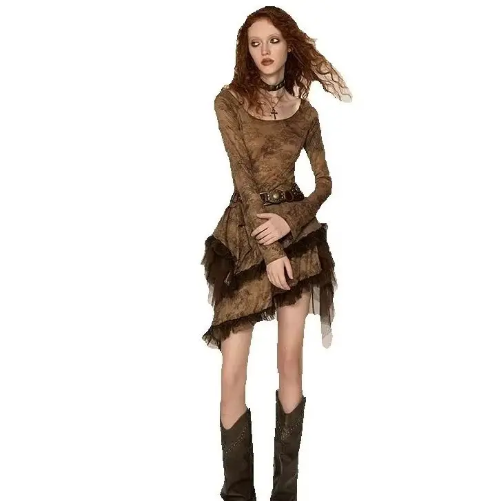 Dress Niche Design Autumn Winter New Women Long-Sleeved Mesh Splicing Wasteland Style Slim Brown