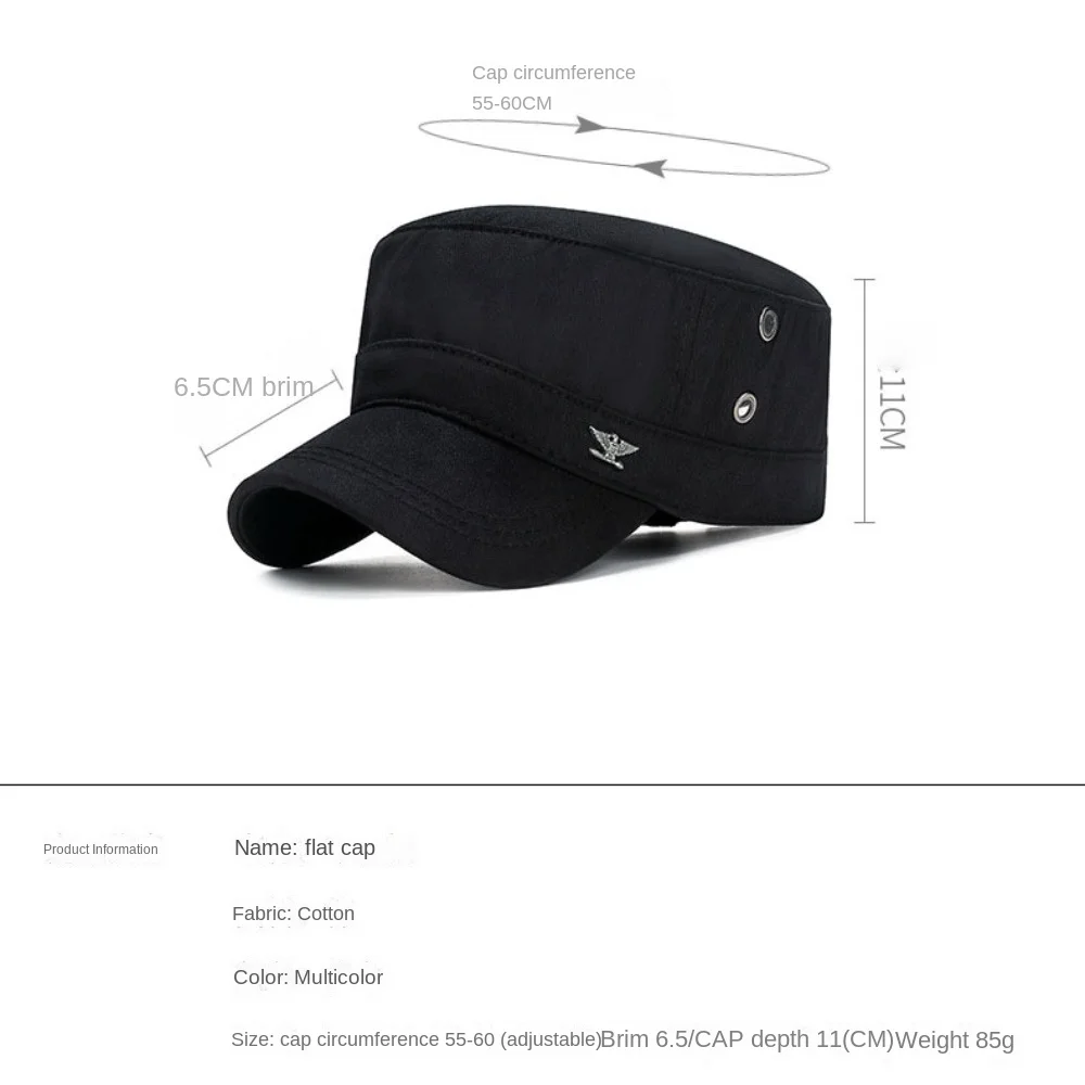 男性用通気性フラットキャップ、カジュアルコットンベースボールキャップ、調整可能なアンチサンアーミーハット、2024