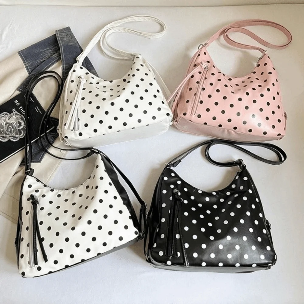 Simple PU Leather Polka Dot Shoulder Bag Lightweight Large Capacity Tote Bag Backpack Korean Style Bucket Handbag Outdoor Use