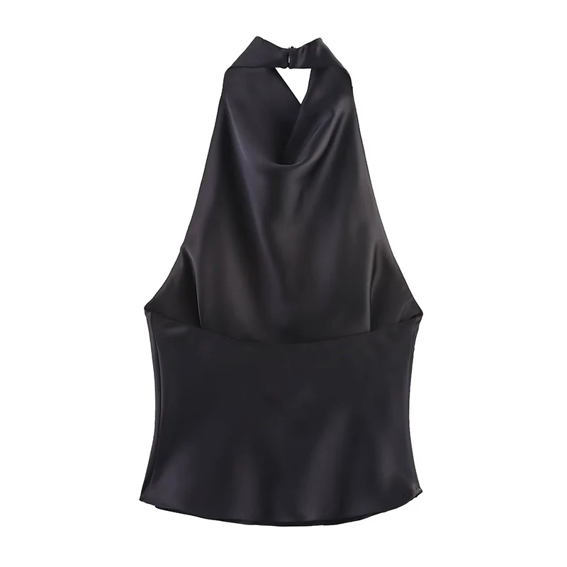 Willshela, Tops plisados lisos de satén a la moda para mujer, Tops Vintage con cuello Halter sin mangas para mujer, Tops elegantes para mujer
