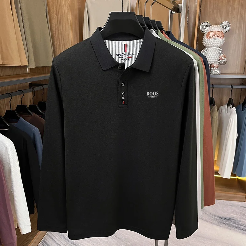 Herren Frühling Herbst Neue Mode Revers-Print Polo-Shirt Original Einfarbiges Langarm-T-Shirt Täglicher Komfort Büro Herrenbekleidung – Detail 11