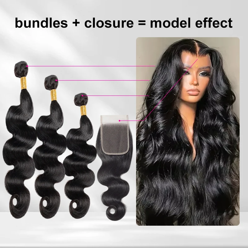 

16A Body Wave Human Hair Bundles With Closure 4x4 Bundles 100% Human Hair Extensions Weaving Brazilian Raw Hair 3 4 Bundles Deal