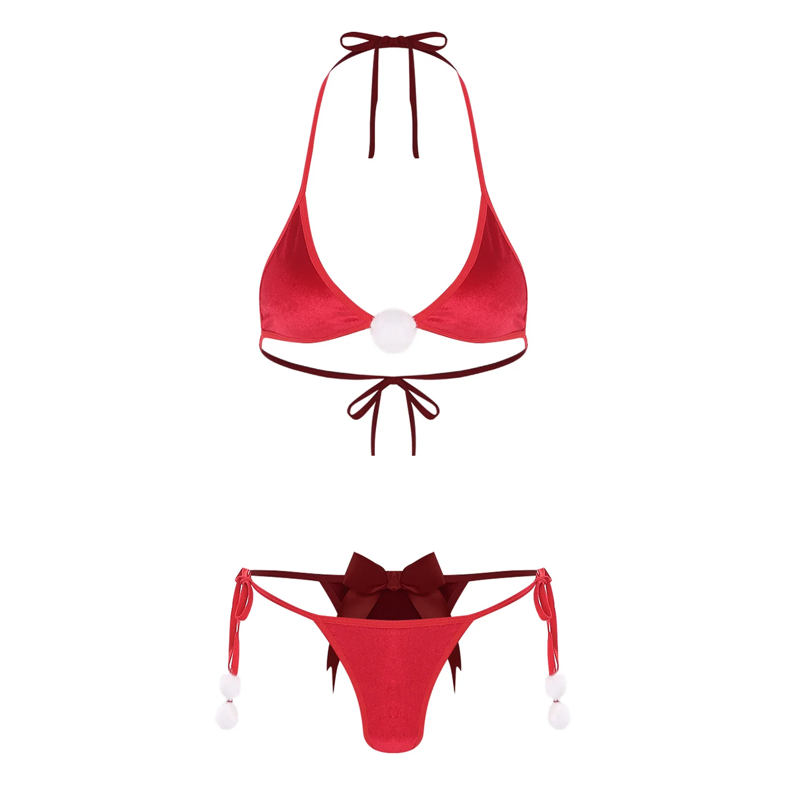 

Christmas Style Lingerie Bra Sets Adult Women Red Color Lace-up Bra Top with T-back Thongs for Christmas Role Play Nightwear Set