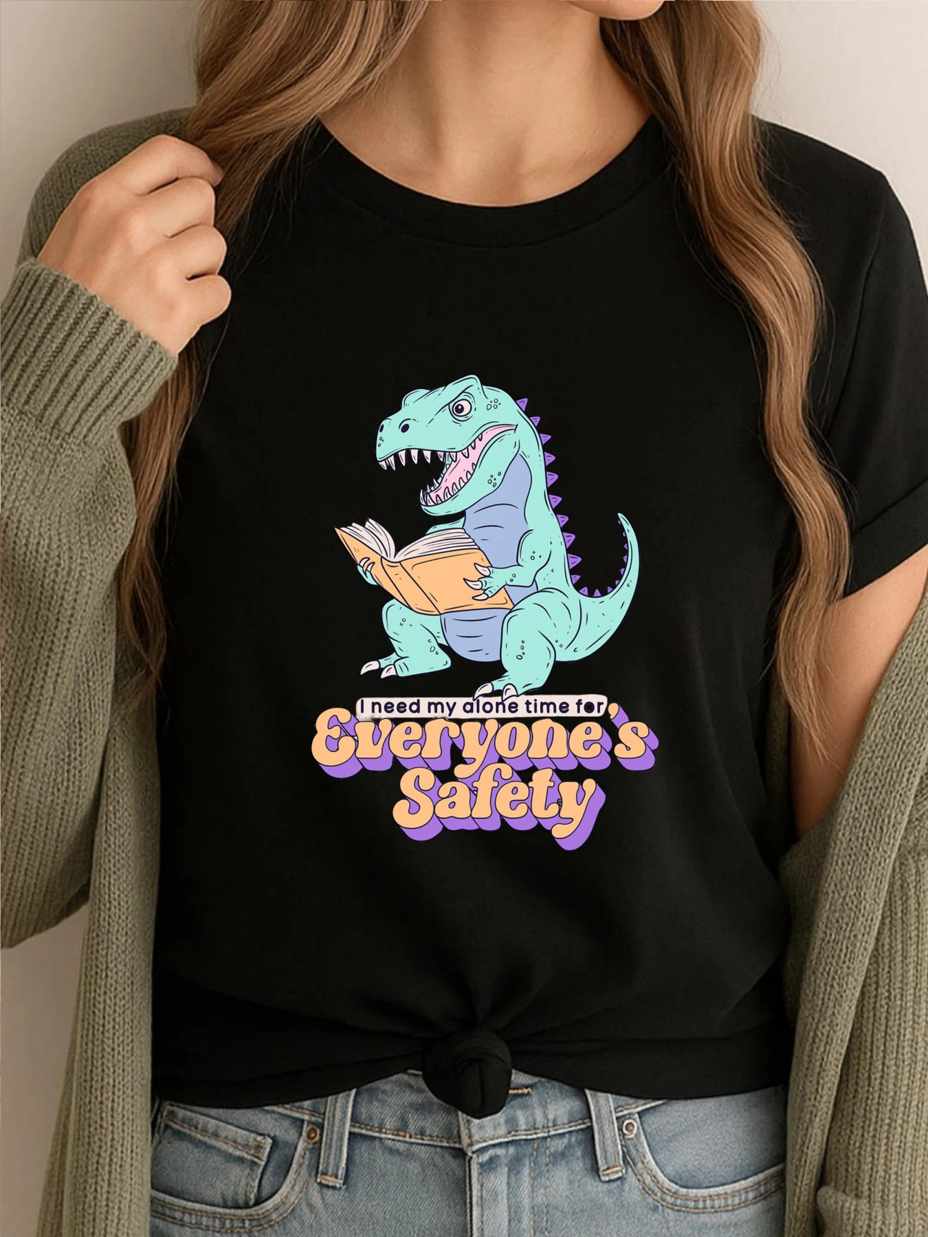 

Newest Printed Tees I Need My Alone Time Dinosaur Reading Graphic Tee Women Funny New In Tops And T-Shirts