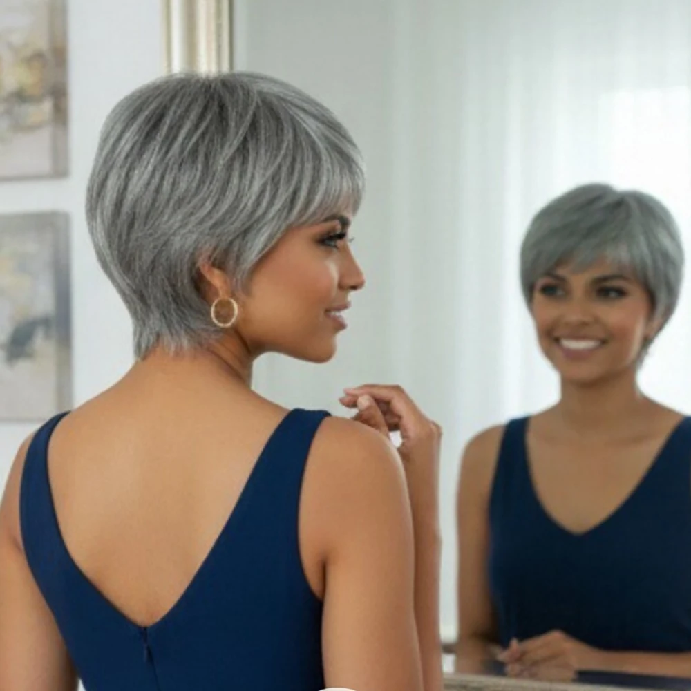 باروكة شعر بشري قصيرة باللون الرمادي الفضي للنساء ذوات البشرة السمراء، باروكات شعر بشري ريمي مع غرة مصنوعة آليًا، باروكات شعر مستقيمة #3