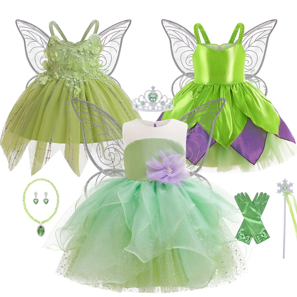 Girls Elf Princess Cosplay Dress With Butterfly Wings Carnival Party Children Flower Fairy Green Dress St. Patrick's Day Costume