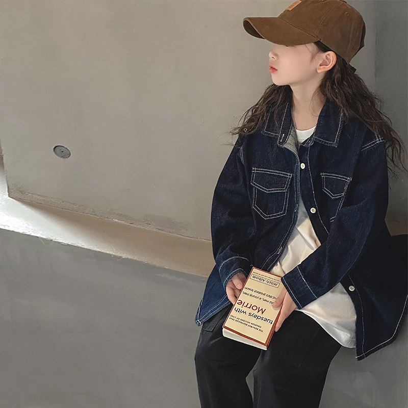 Rolanko Girls Denim Coat Oversized Button Down Shacket Long Sleeve Jean Shirt Jacket Tops with Pocket 5-14 Years image 4