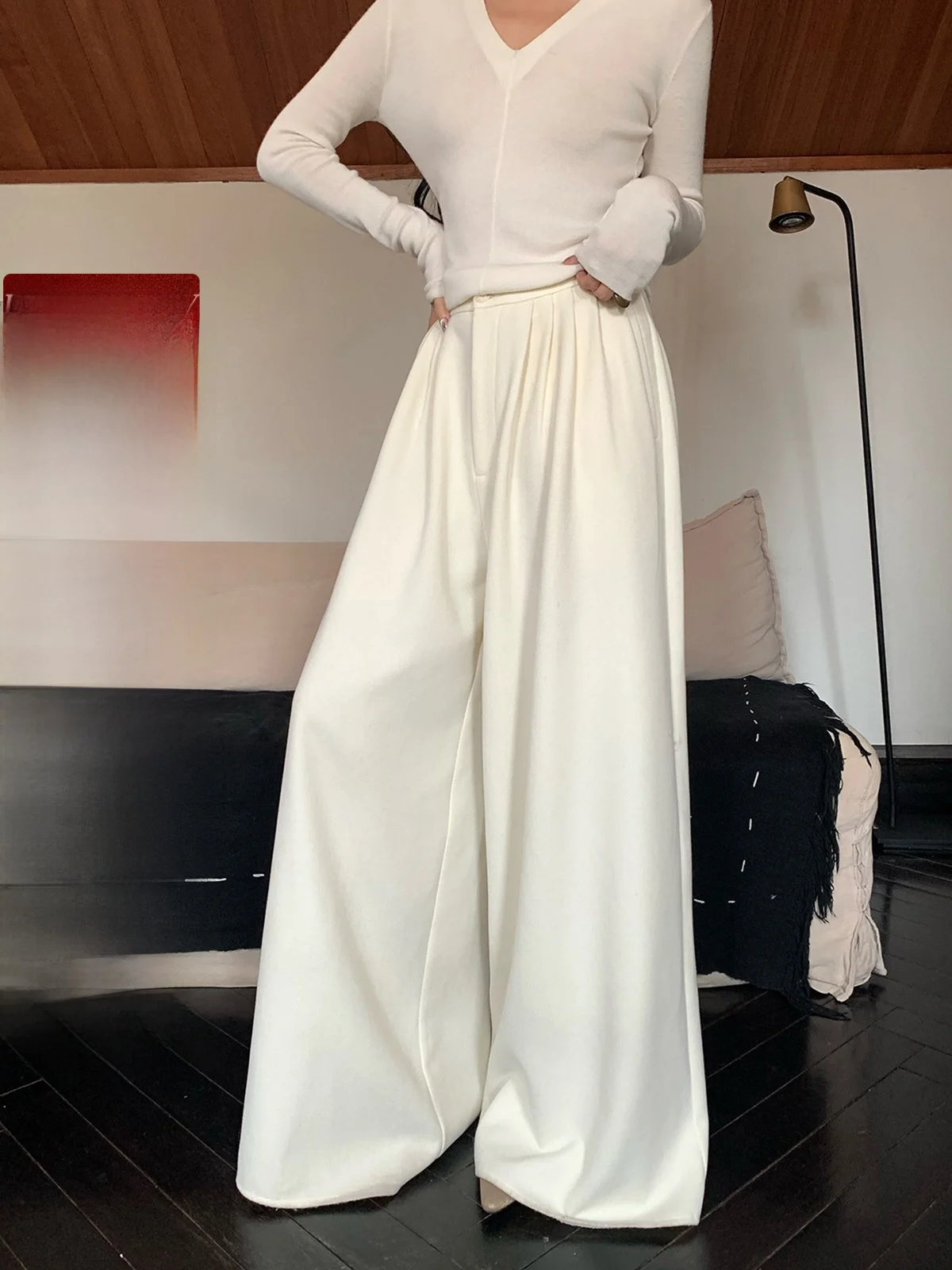 

Шерстяные утепленные свободные белые брюки Iceollo с широкими штанинами для женщин, осенне-зимние повседневные брюки с высокой талией, стройнящие длинные брюки