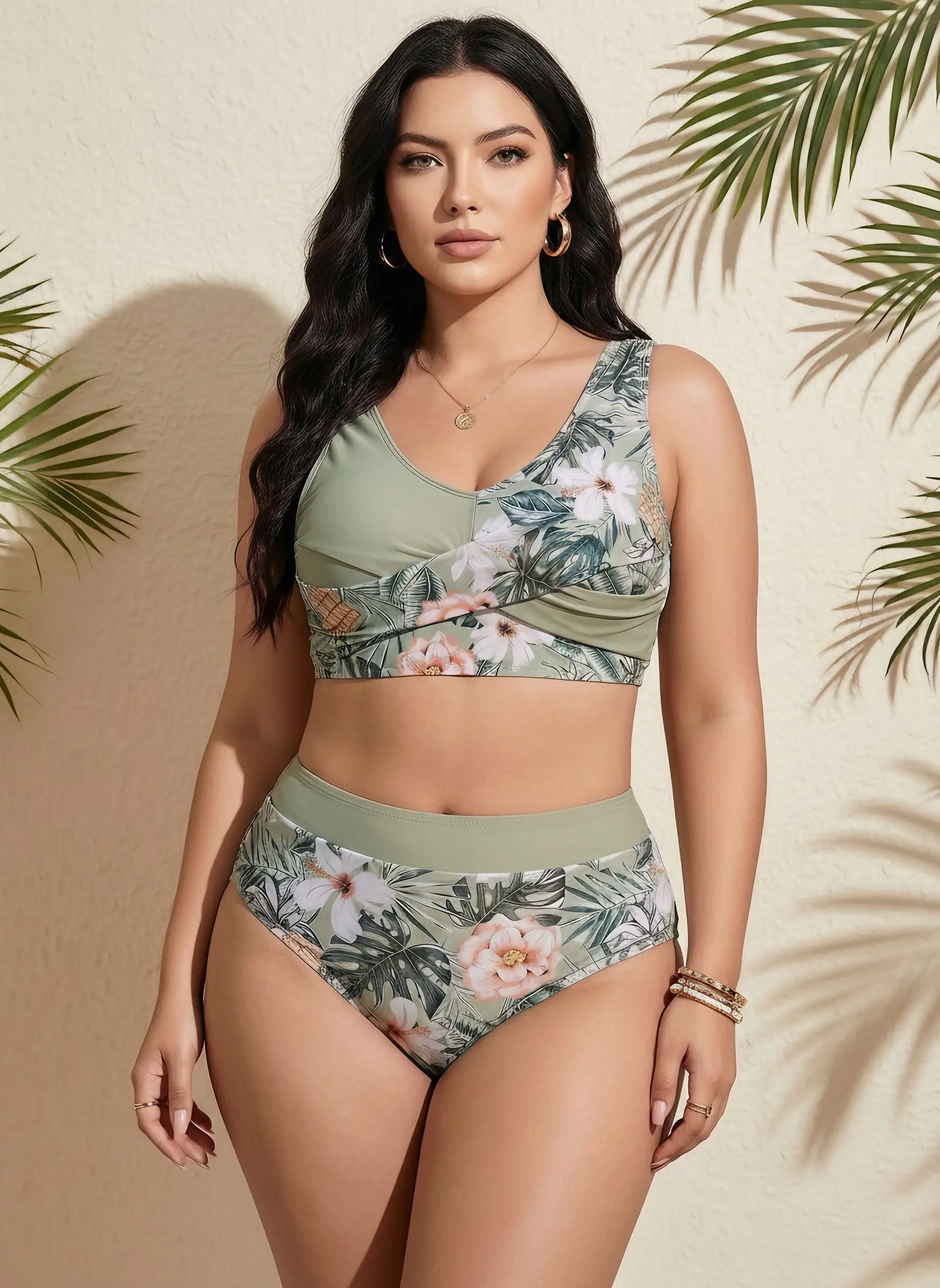 2026 Neues Matcha-Grünes Bedrucktes Tankini Zweiteiler-Set |   Badeanzüge mit Bauchkontrolle für Kurvige Frauen