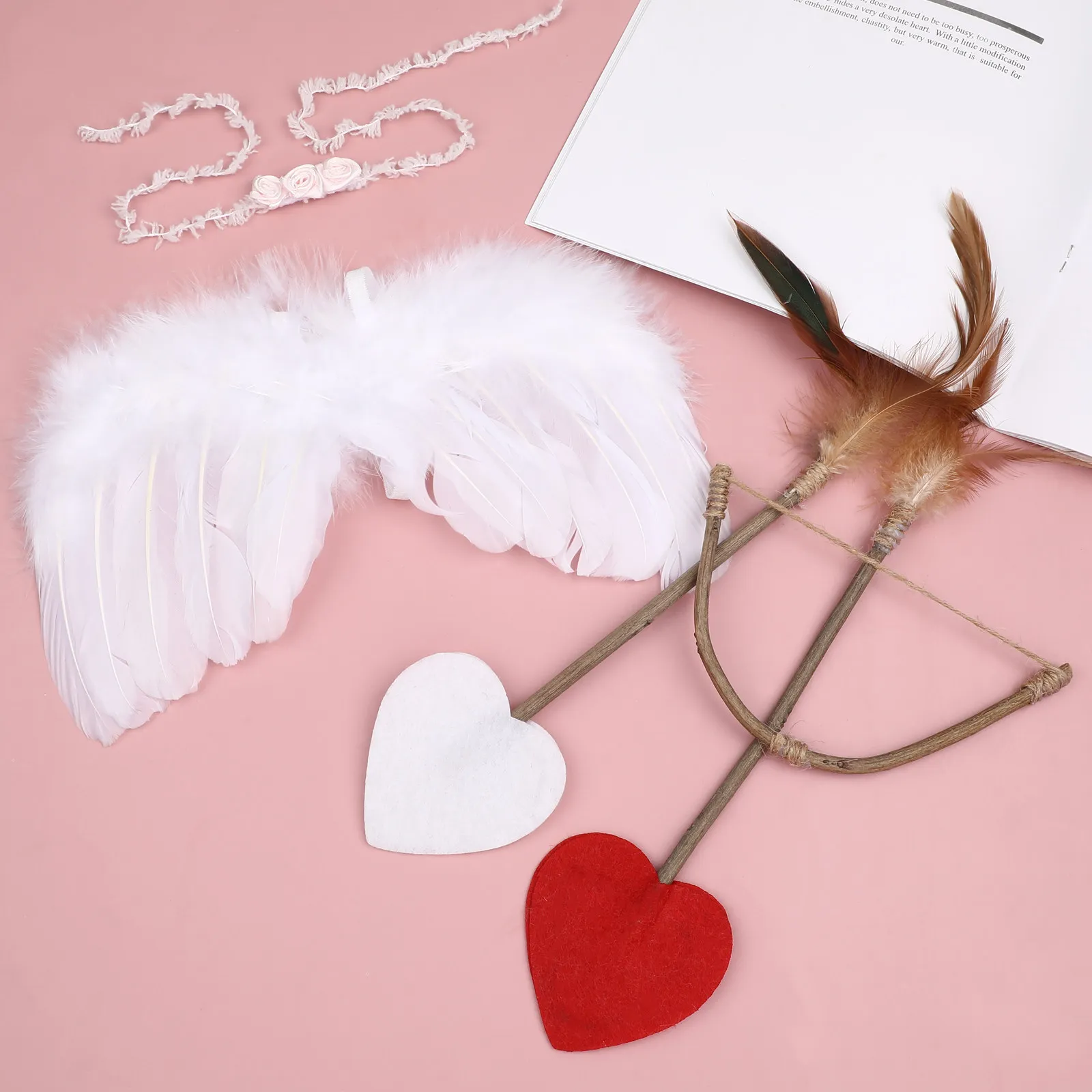 1 Set Foto-Requisiten-Set Amor-Kostüm mit Blumen-Haarreif, Federflügel, Holzbogen, Herzpfeile für Fotografie