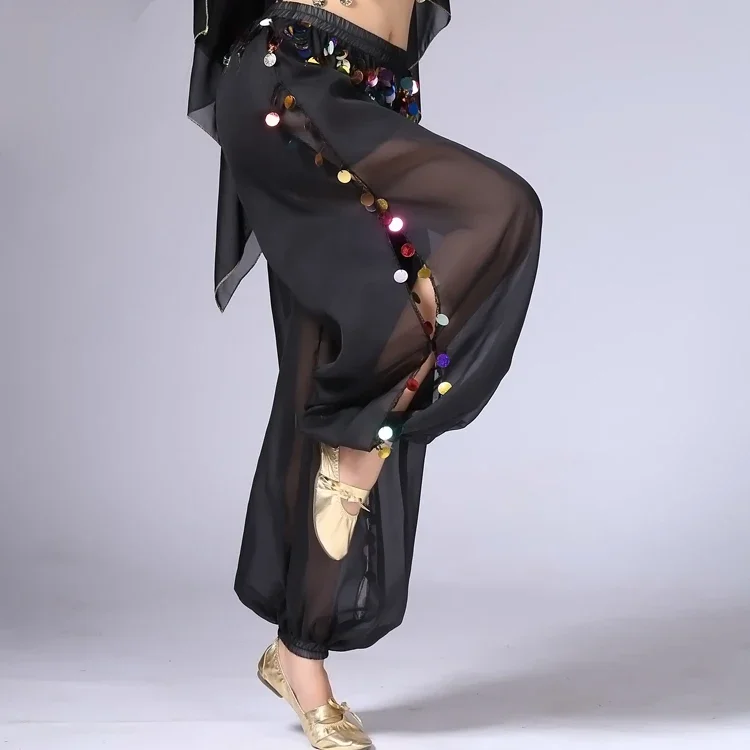 Women Belly Dance Coins Lantern Pants Side Slit Sequin Chiffon Pants Baggy Arabic Harem Pants Halloween Costume Party Dancewear