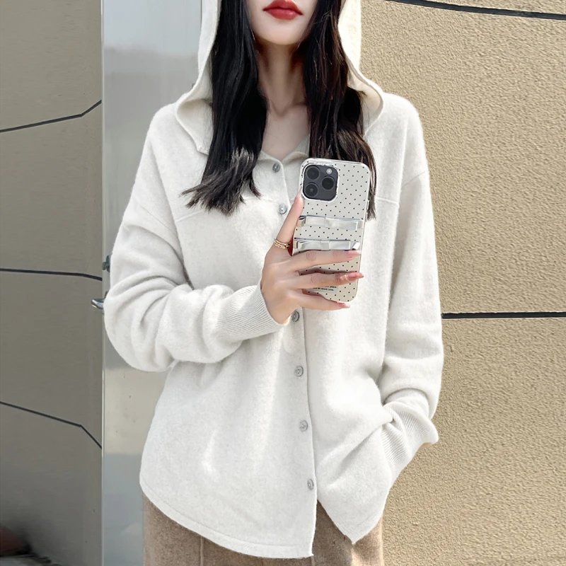 Autumn and winter new women\'s 100% merino cardigan hooded collar solid color loose casual fashion cashmere pullover.