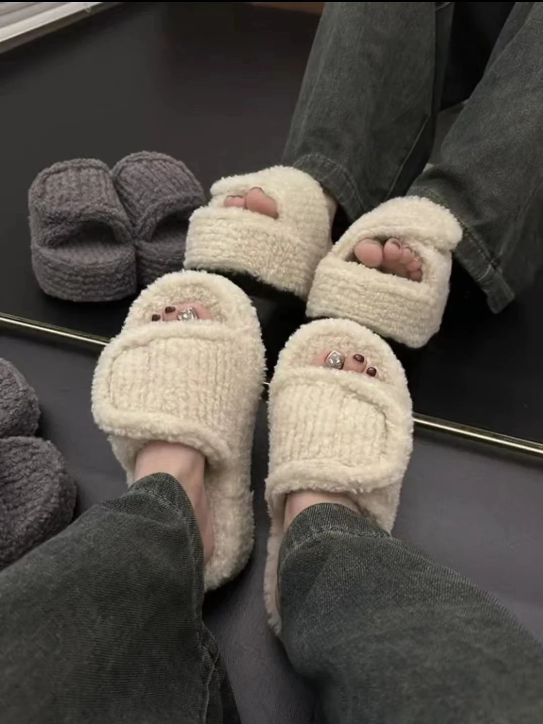 Female Shoes House Slippers Platform Fur Flip Flops Slides Med Fashion Flock 2025 Plush Massage Flat Luxury Basic Rubber Autumn image 5