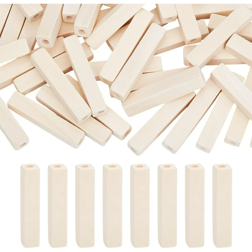 

50Pcs Wooden Rectangle Beads 1.9x0.4 Inch Unfinished Wooden Painted Bead Wood Beads Wood Blocks with 4.5mm Hole
