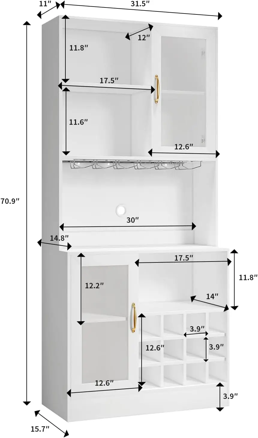 Wine Bar Cabinet with LED Light and Wine Glass Holder, Kitchen Pantry with Microwave Stand, Coffee Bar Cabinet with Storage