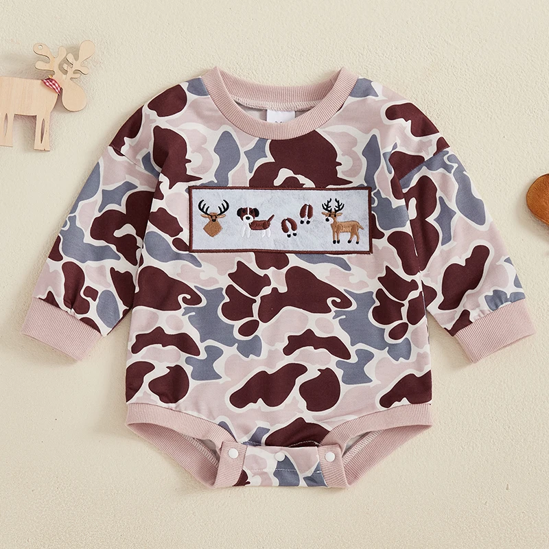 Baby Boy Sweatshirt Romper Casual Animal Embroidery Camouflage Print Long Sleeve Jumpsuit for Infant Toddler Fall Outfit