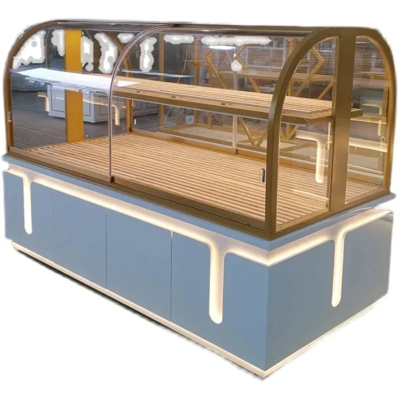 

Bread middle island cabinet titanium-plated stainless steel arc middle island cake model cabinet glass