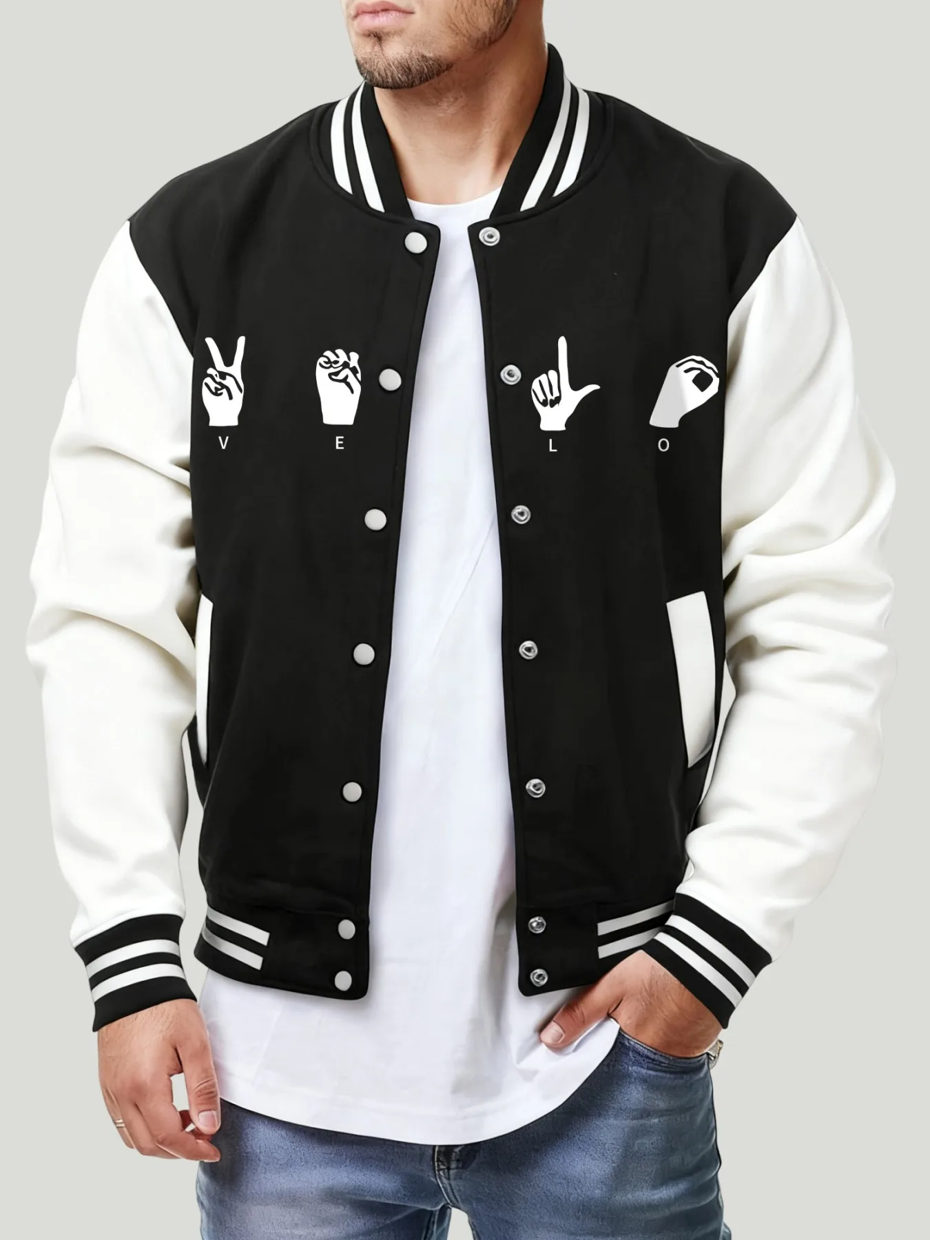 Creative Love Gesture Pattern Clothes Male Fashion Fleece Tops Autumn Loose Baseball Jacket Casual Oversize Sportswear Men