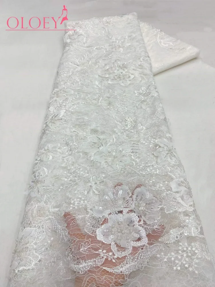 

OLOEY Africa Groom Beaded Lace Fabric High Quality French Sequin Lace Fabric for Bridal Wedding Evening Dress Sewing