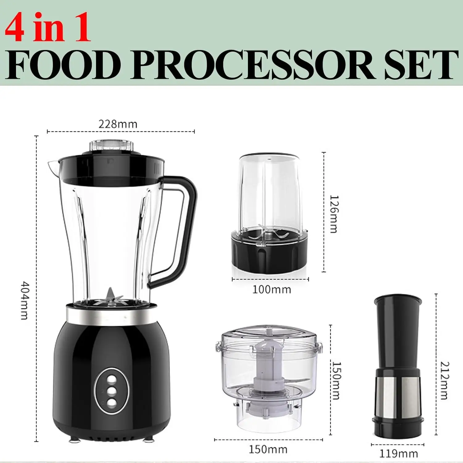 800W 2-Speed Electric Blender & Food Processor, 4-in-1 Kitchen Mixer with Grinder for Shakes, Smoothies, Meat Chopping, Dry Grin view 2