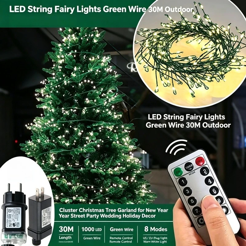 LED String Fairy Lights Green Wire 30M Outdoor, Cluster Christmas Tree Garland for New Year Street Party Wedding Holiday Decor