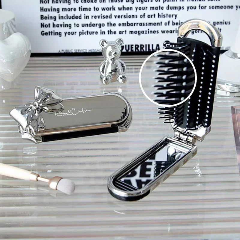 New Sliver Bow Folding Combs with Mirror Air Cushion Comb Diamond Bling Rhinestone Hair Brush Makeup Tool Cosmetic Travel Pocket