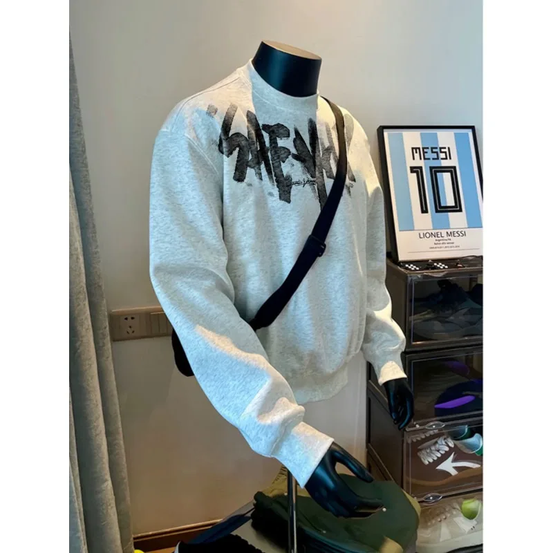 American Letter Print Plush Sweatshirt Men Autumn Winter 2025 New Oversize Loose Long sleeves Pullover Y2K Top Men Warm clothing