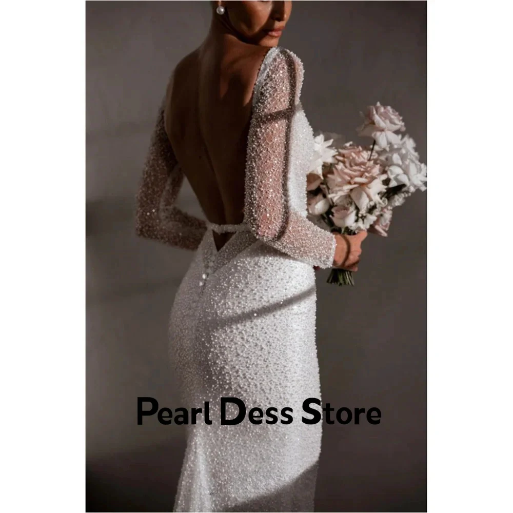 Pearl Backless Dresses Gala Dresses Woman 2024 for Party Fish Tail Luxury Dress for Weddings White Shiny Long Sleeves Ball Gowns