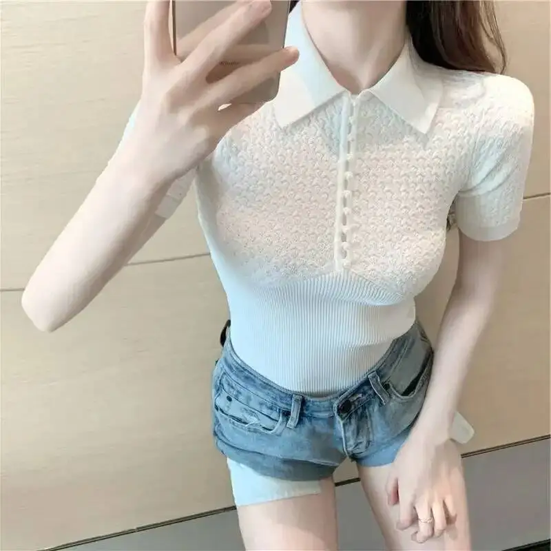 ポロネックシャツ女性のための白いボタン無地プルオーバー若々しい服女性 T ベーシックユース半袖 Tシャツ美的新しい