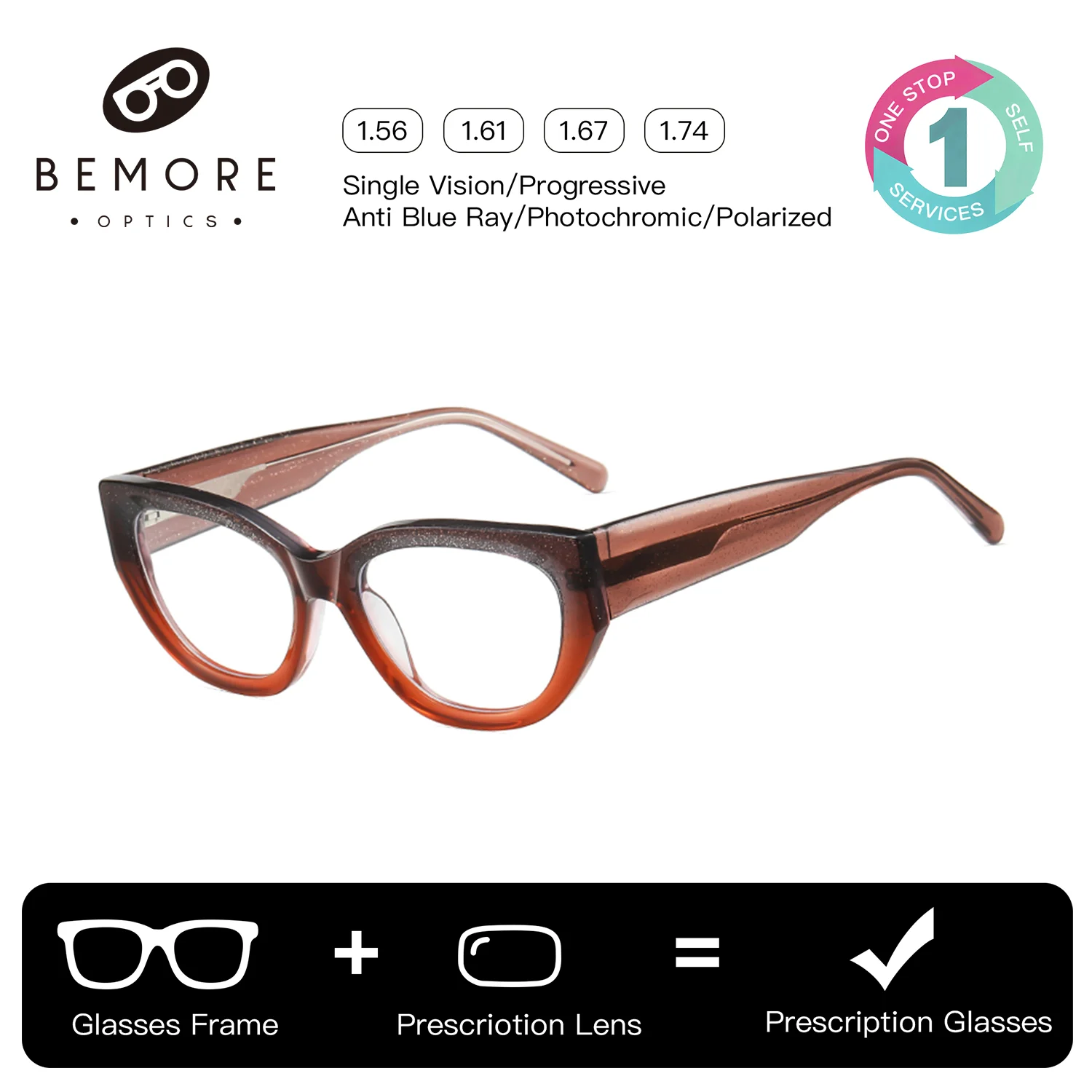 

BEMORE Retro Cat Eye Ultralight Acetate Reading Glasses Square Anti-Blue Light Photochromic Brown Prescription Eyewear Woman
