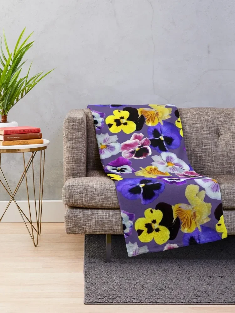 Pansy Mixture on Violet Throw Blanket Thermal Hairy Blankets